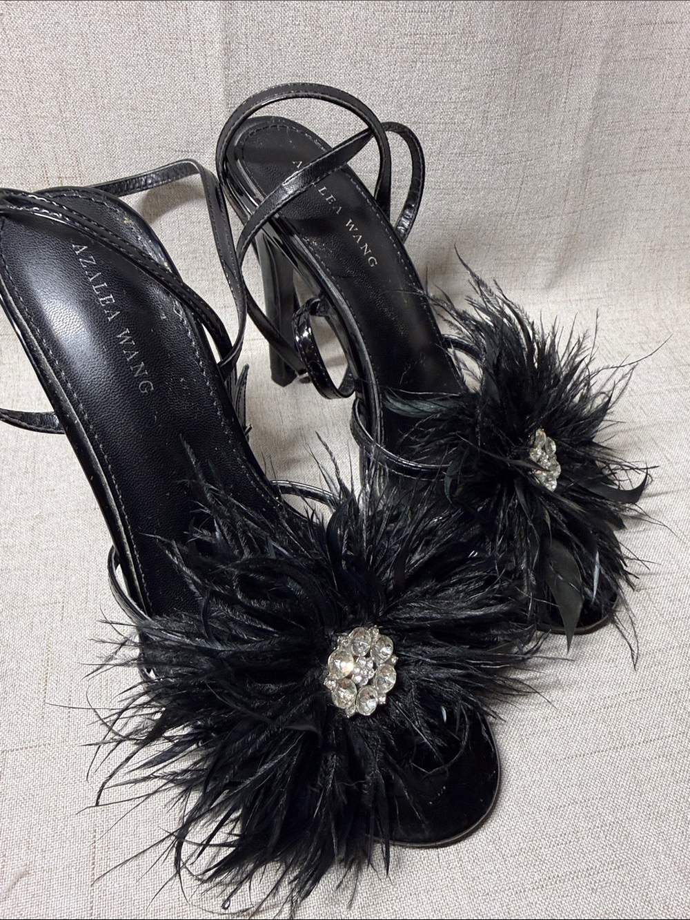 Azalea Wang Black Feather & Crystal Strappy High Heels